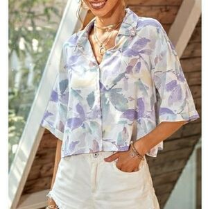 Oversized Button Down Short Sleeve Shirt Textured Collared Crop Top Purple